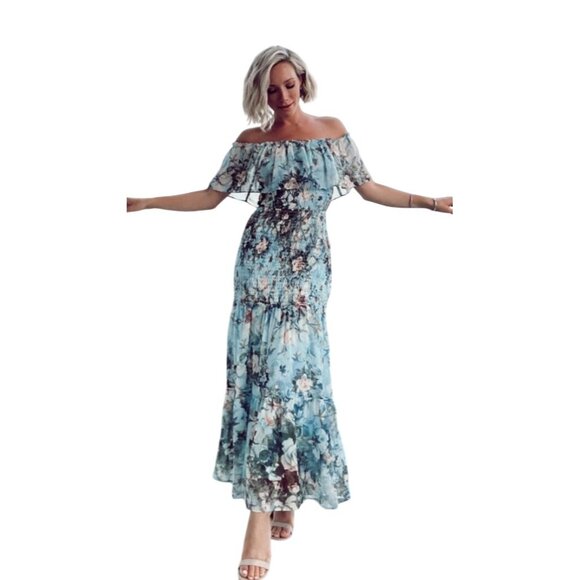 Baltic Born Amalfi Smocked Off Shoulder Maxi Dress L light Blue Floral Chiffon - Picture 1 of 15